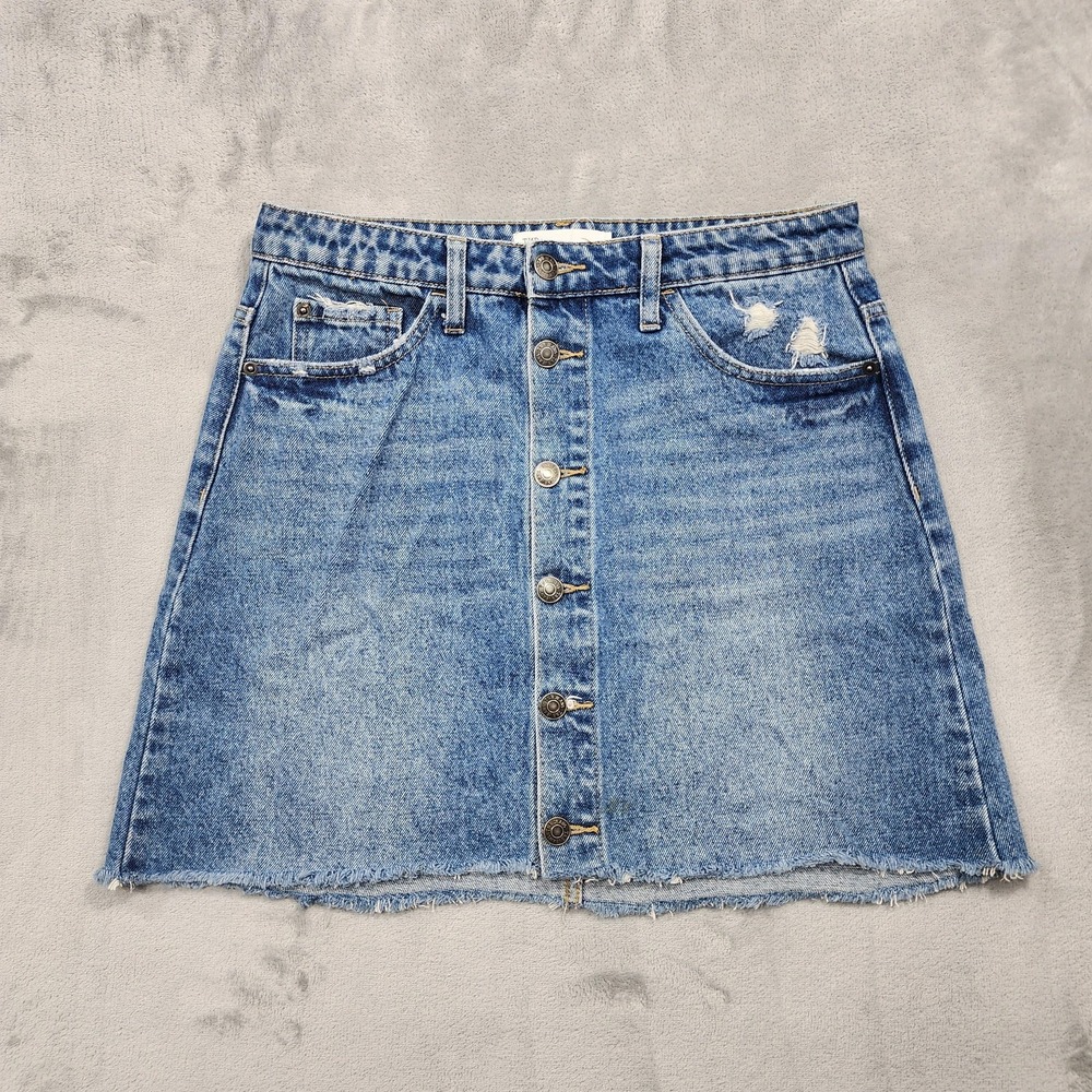 TNR Jeans Skirt Womens‎ M Blue Denim Button Front A-Line Distressed Frayed Hem